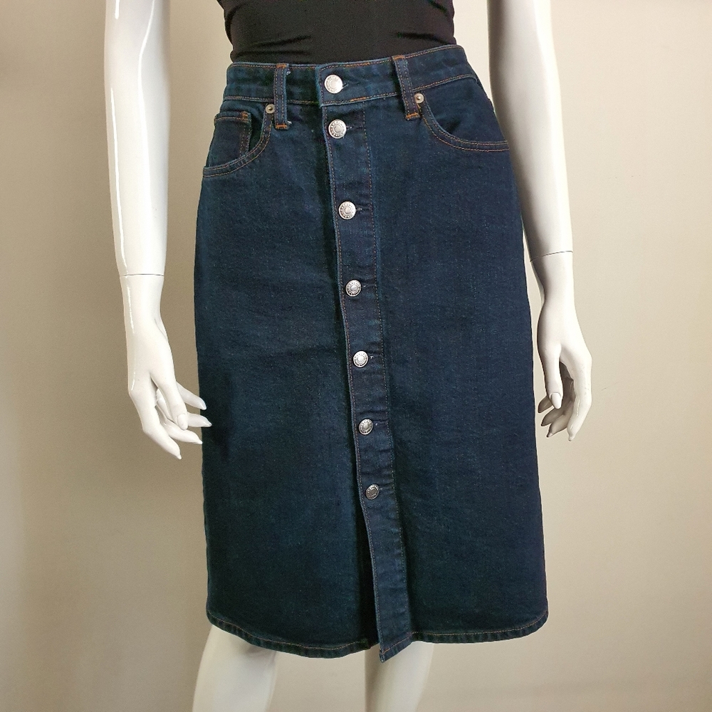 Everlane Denim Pencil Skirt Blue Dark Wash Button Front Size 27 (S) - Picture 10 of 12